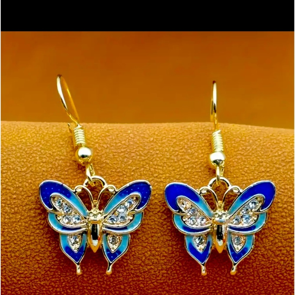 Exquisite Blue Enamel Butterfly Design Shiny Zircon Decor Dangle Earrings.